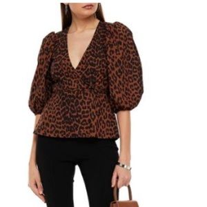 Ganni leopard print wrap top with puff 3/4 sleeves — NEVER WORN!